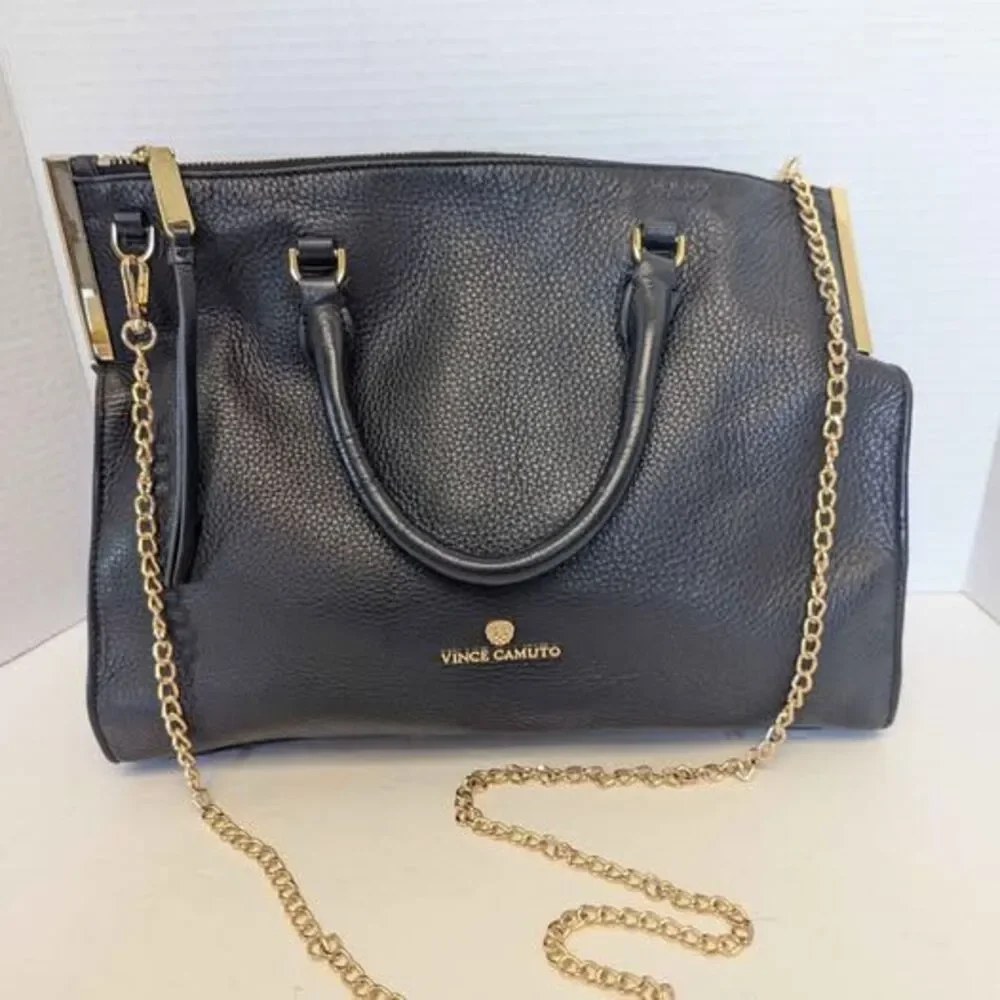 Vince Camuto Professional Black Leather Tina Satchel Handbag Purse Bag 14x10x5